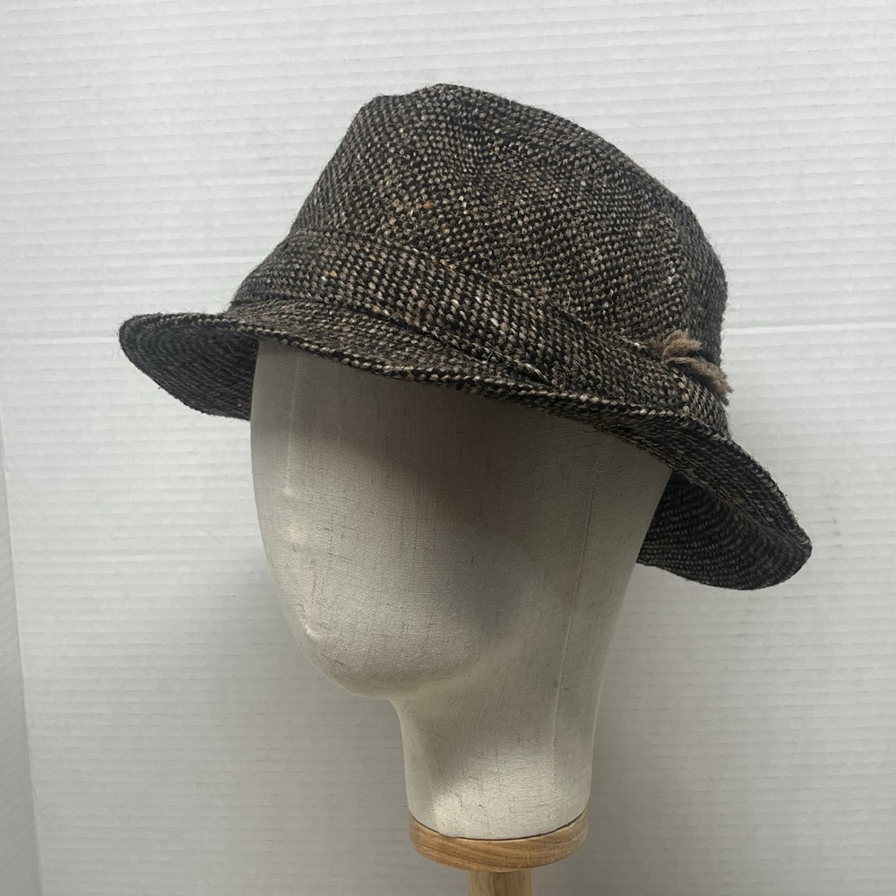 Hanna Hats of Donegal Ireland Pure New Wool Tweed Fedora Bucket Hat Brown L